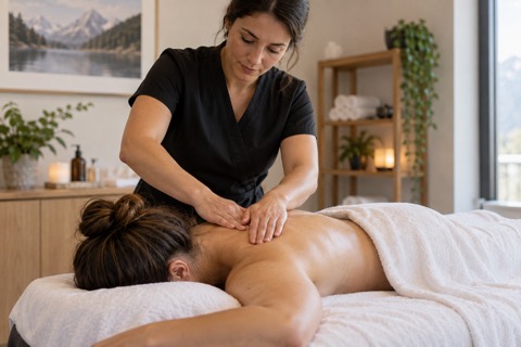 Masseurin behandelt die Schultern einer Kundin