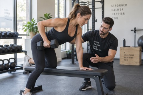 Personal Trainer begleitet eine Kundin beim Hanteltraining
