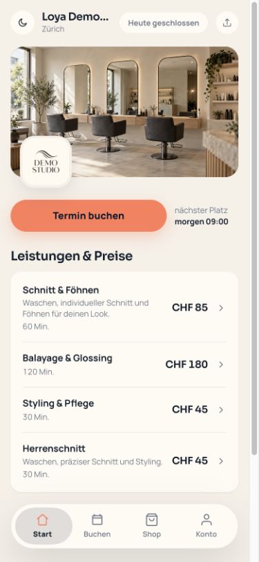 Loya-Kundenportal: Startseite – helle Darstellung